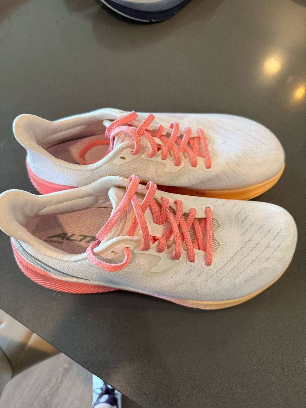 Altra White Running Shoes with Coral Laces and Pale Yellow Midsole - Picture 2 of 5